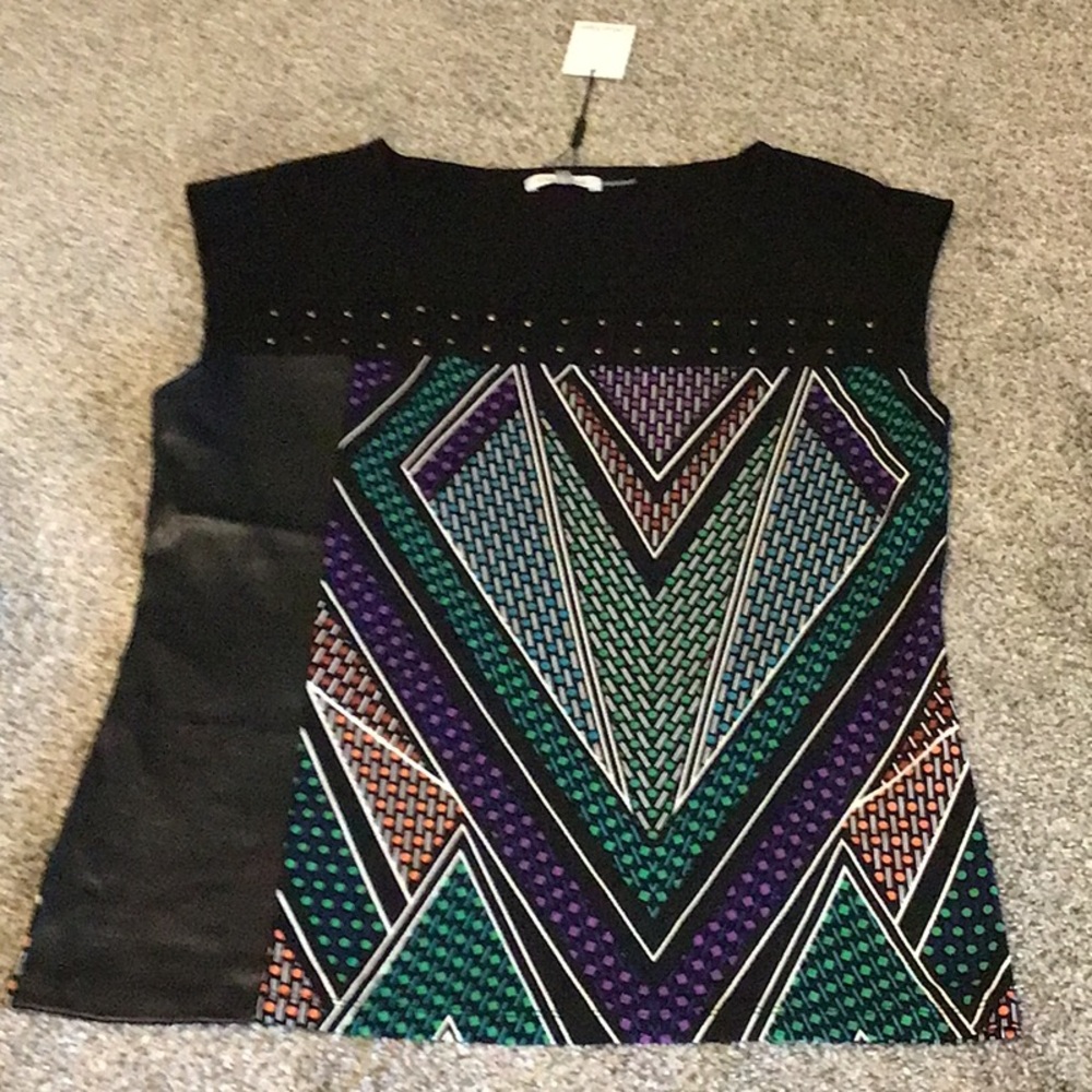 New Calvin Klein Geometric Patterned Women's Top - Black, Purple, Green